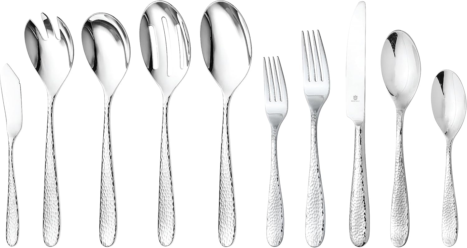 Hammered Silverware Set with Serving Utensils for 8 People