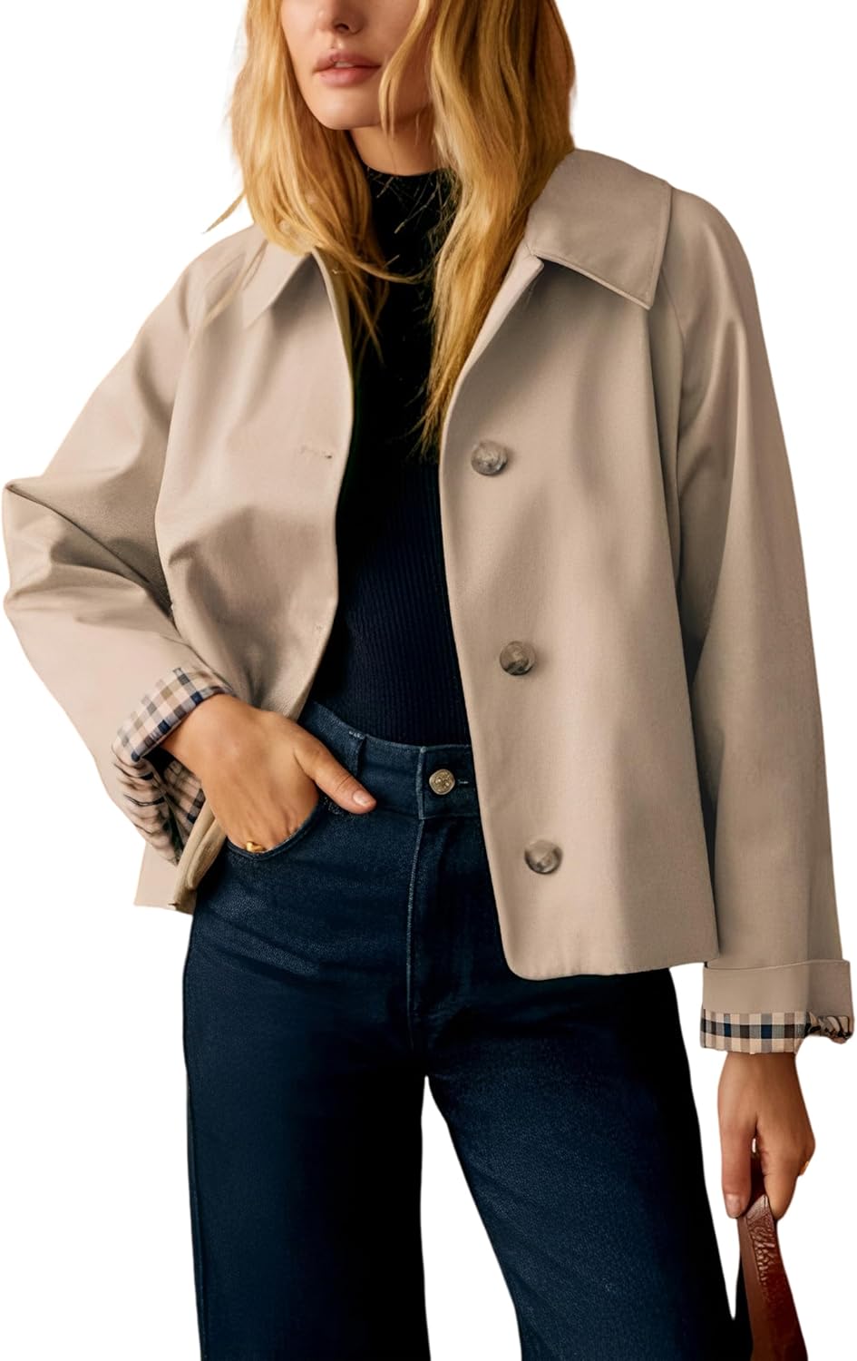 Dqbeng Womens Cropped Trench Coat with Classic Collar Style