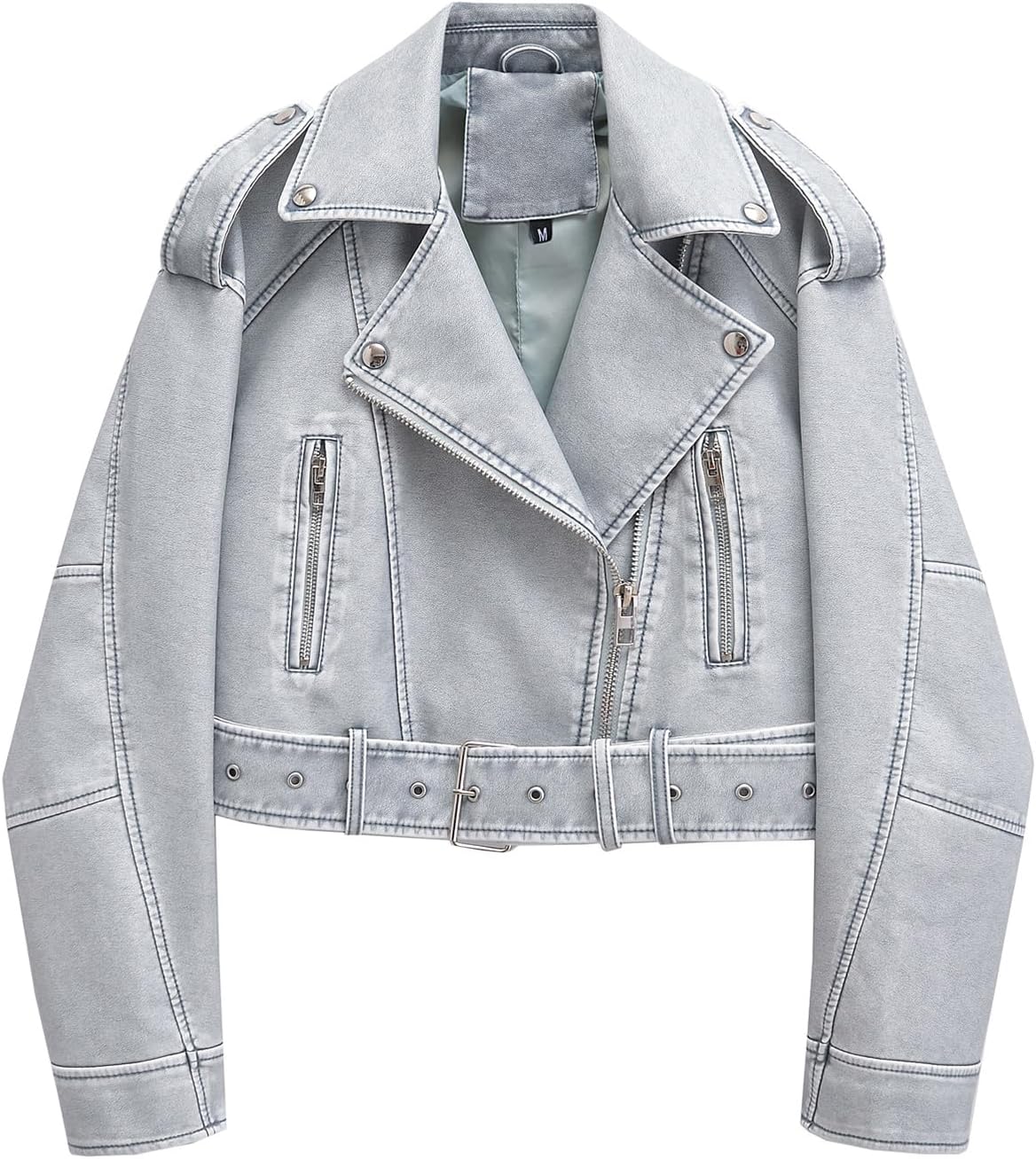 Stylish Women Faux Leather Cropped Jacket with Removable Belt