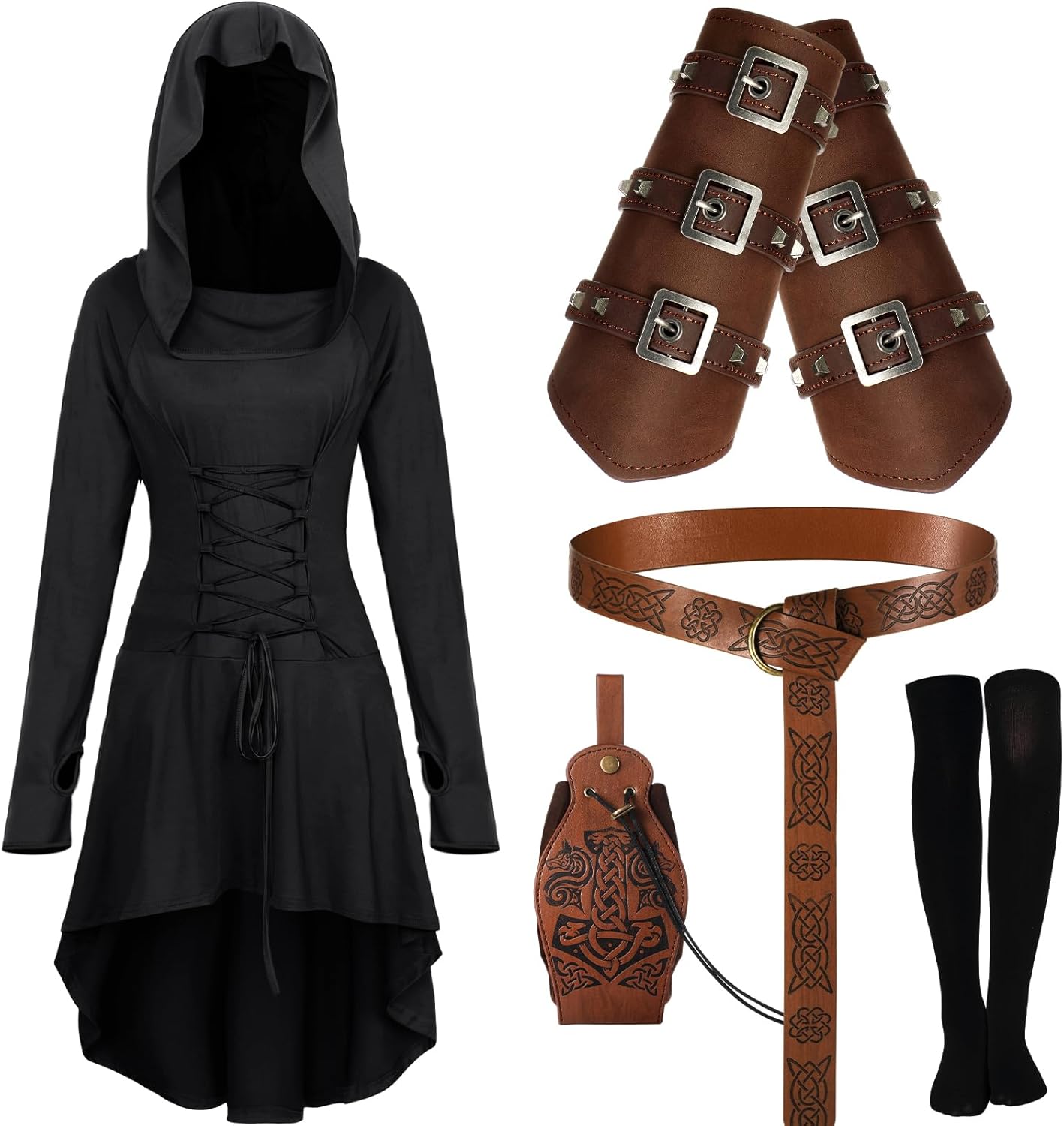 Suhine 5 Pcs Halloween Renaissance Women Costume Hooded Robe