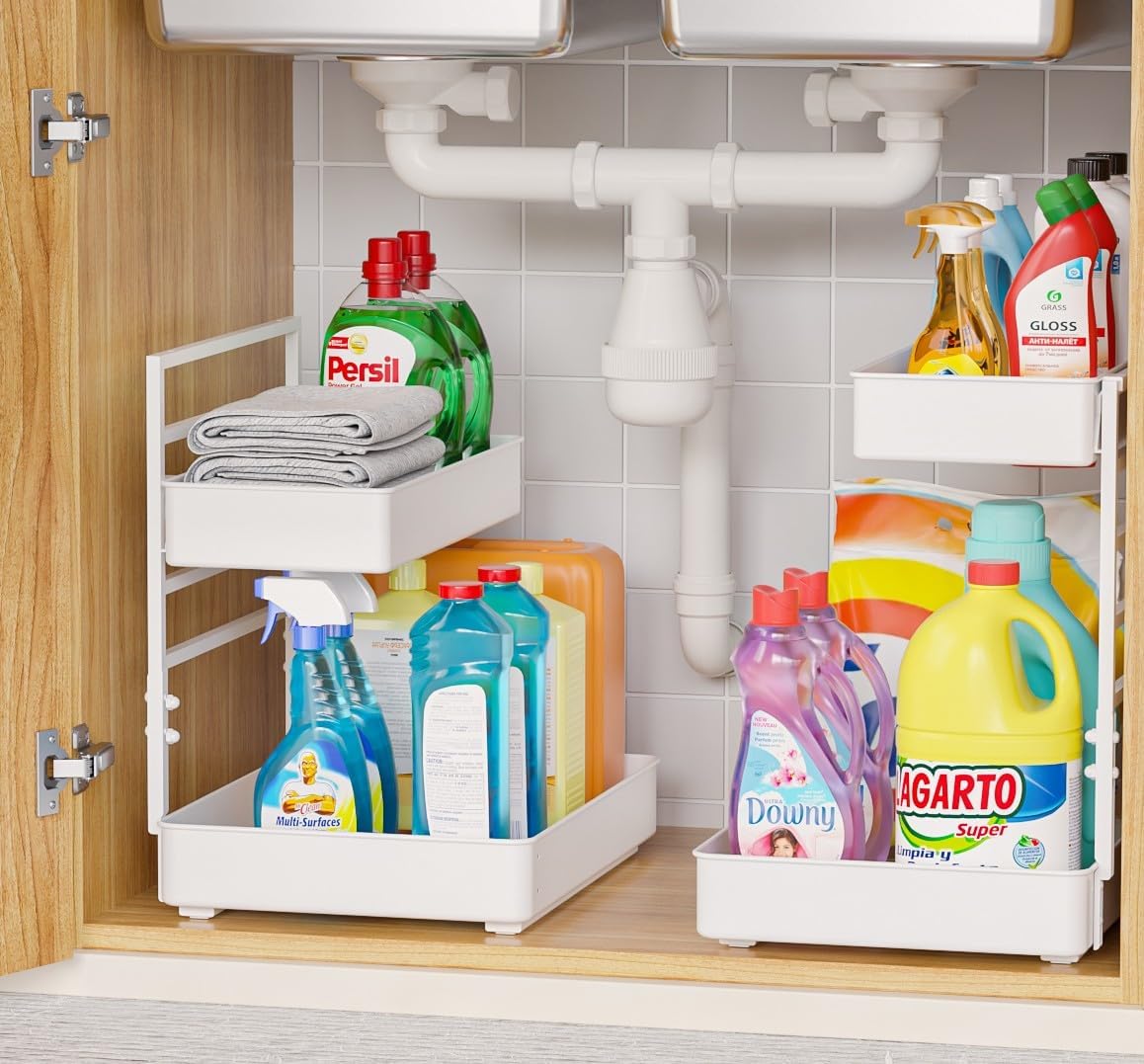 Height Adjustable 2 Tier Metal Pull Out Slide Shelf Organizer