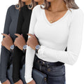 Ekouaer Womens V Neck Ribbed Long Sleeve Tops - Slim Fit 3-Pack