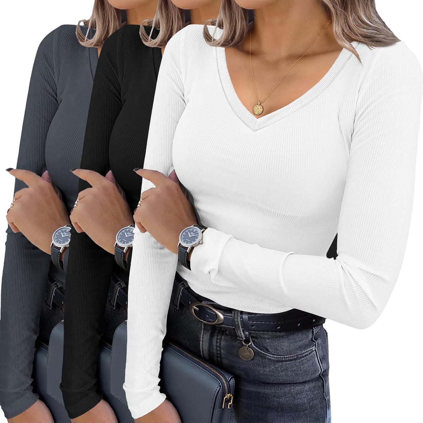 Ekouaer Womens Long Sleeve V Neck Ribbed Tops 3 Pack Casual