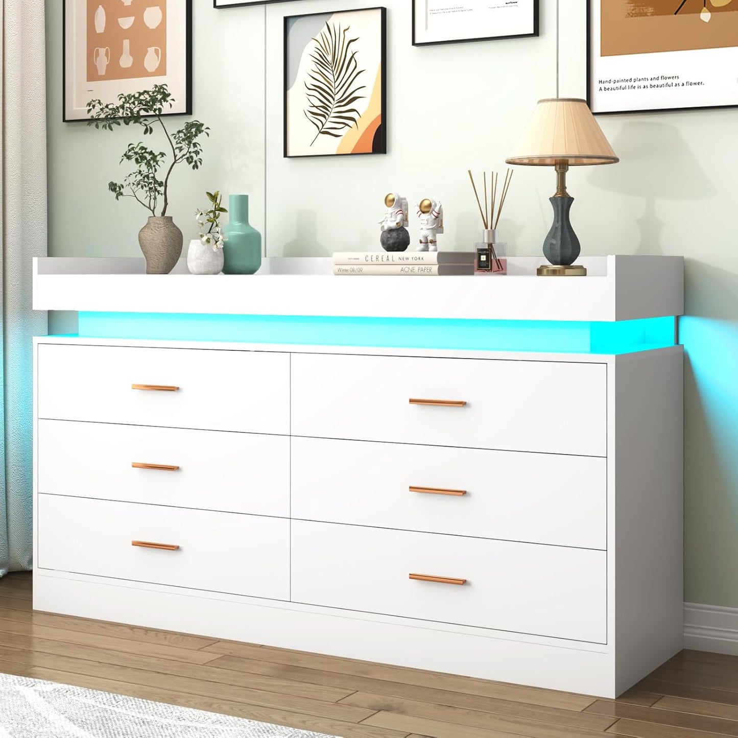6 Drawer Dresser with LED Light and Charging Station for Home