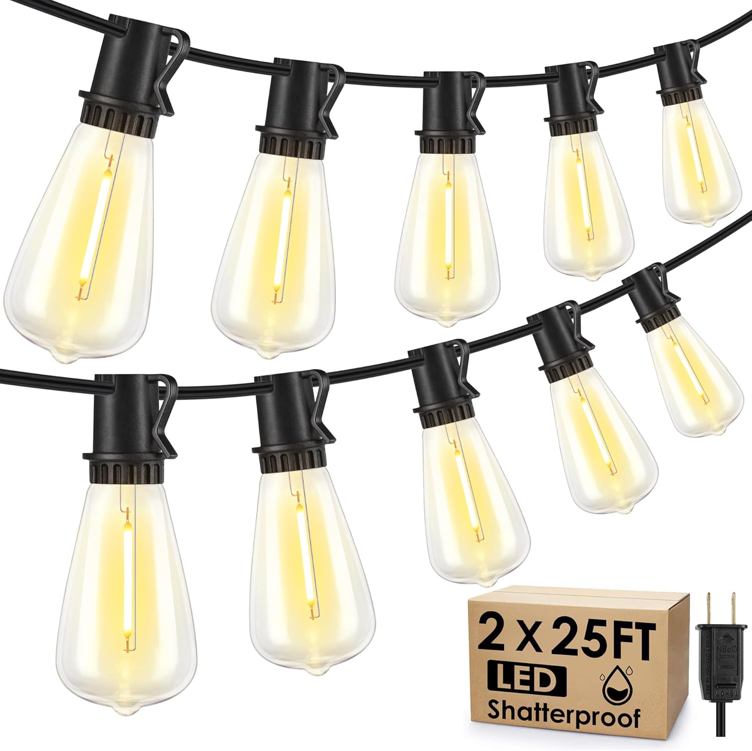 50FT Outdoor String Lights with Vintage Bulbs for Cozy Patios