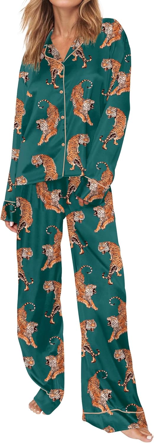 Satin Pajamas Set for Women Long Sleeve Button Down Pjs