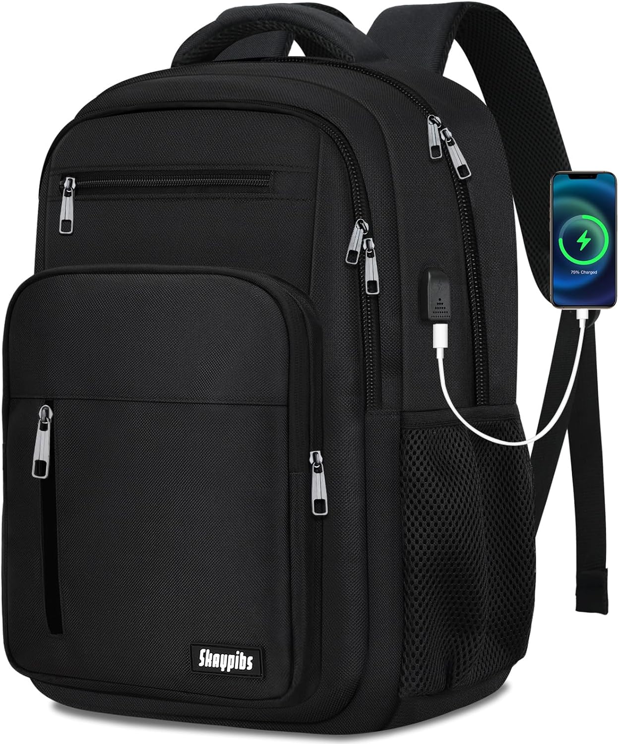 Black Backpack for Men Women with USB Port and Water Resistant