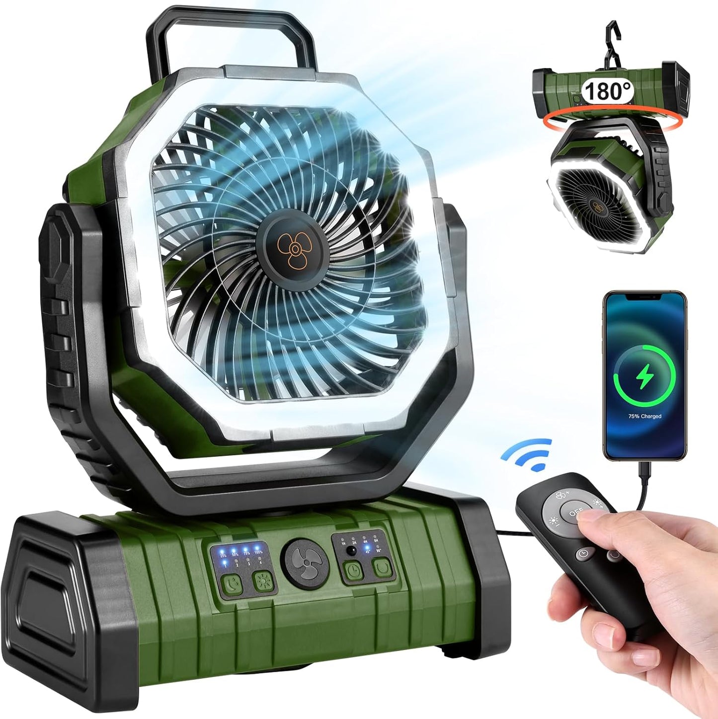 Portable Rechargeable Camping Fan - 4 Speeds, LED Lantern, Remote, Timer