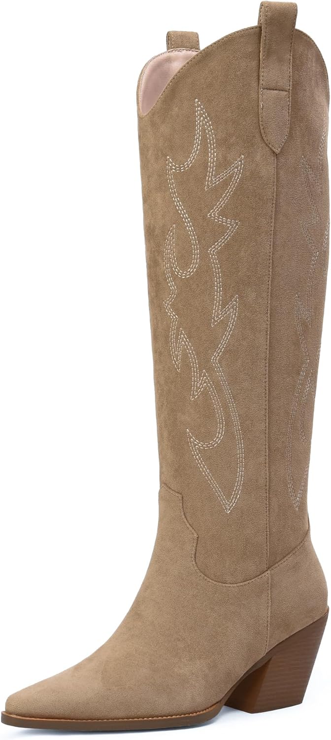 iiimmu Cowgirl Boots Women Knee High Stylish Block Heel Boots