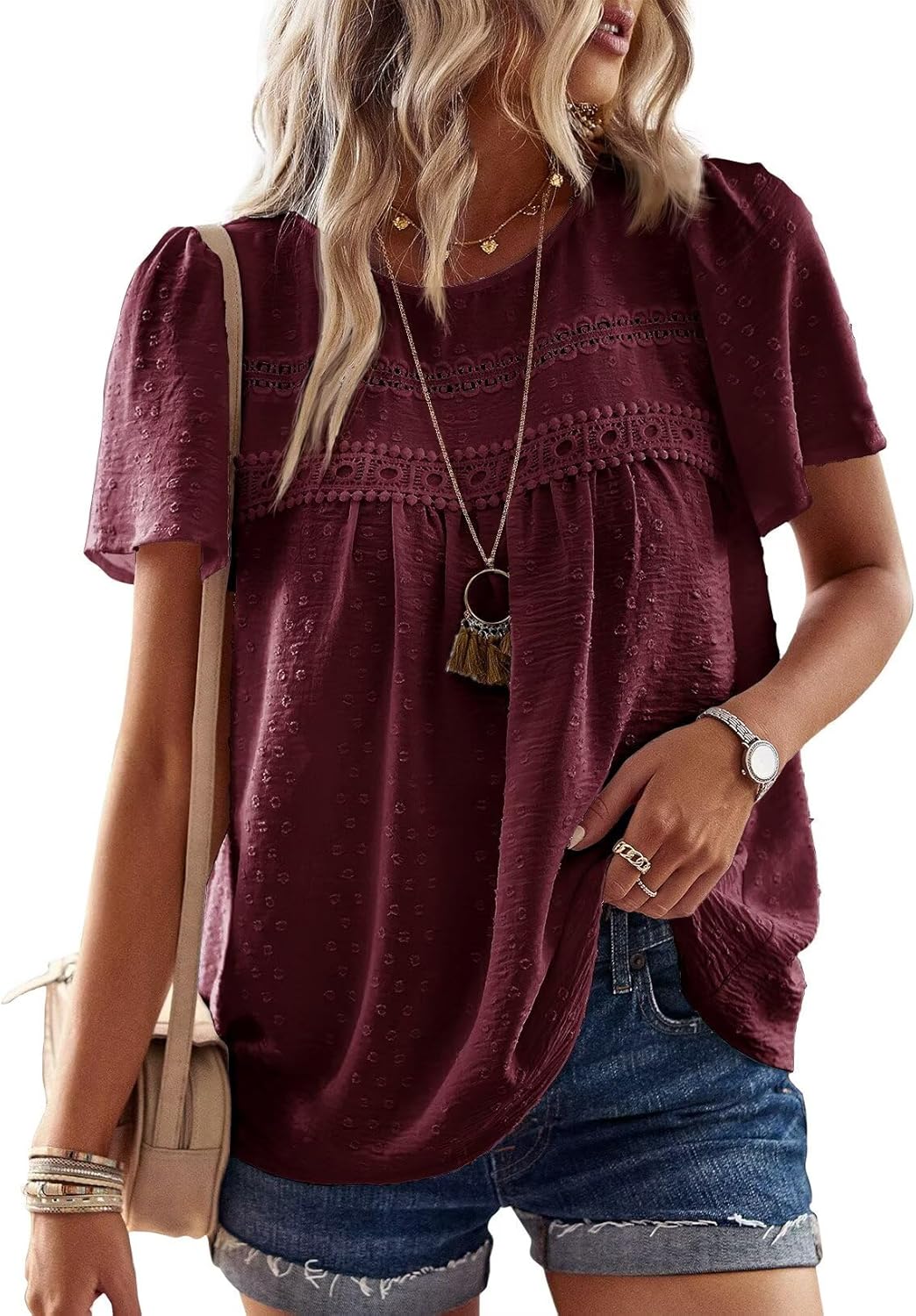 Womens Summer Tops Crewneck Short Sleeve Casual Chiffon Blouses