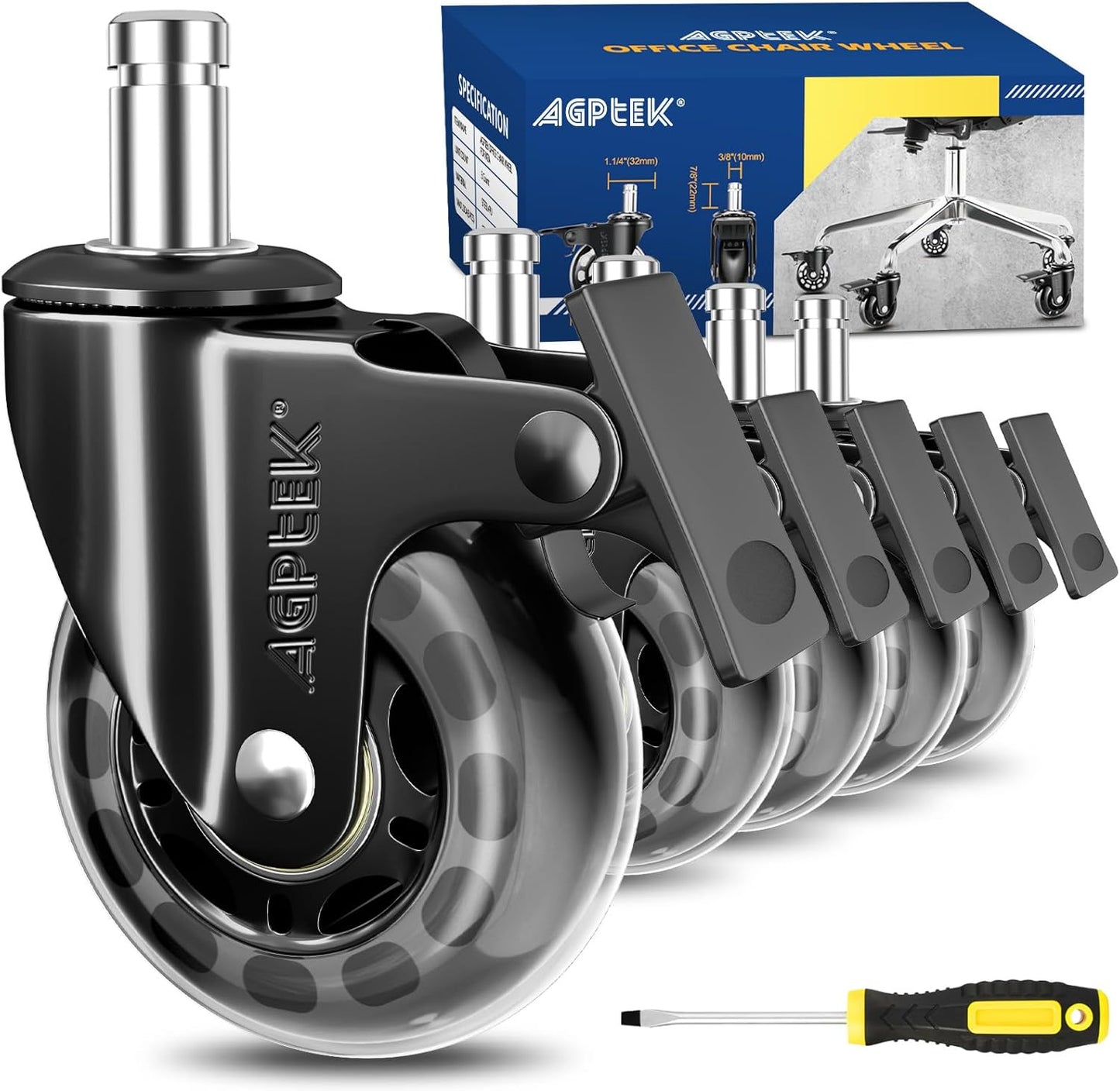 AGPtEK 2.5 Heavy Duty Chair Casters: Brake, Screwdriver Included - Set of 5 ~ Smoothly Maneuver IKEA Chairs on Any Floor!