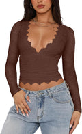 REORIA Womens Sexy V-Neck Lace Y2K Crop Top - Slim Fitted Layered