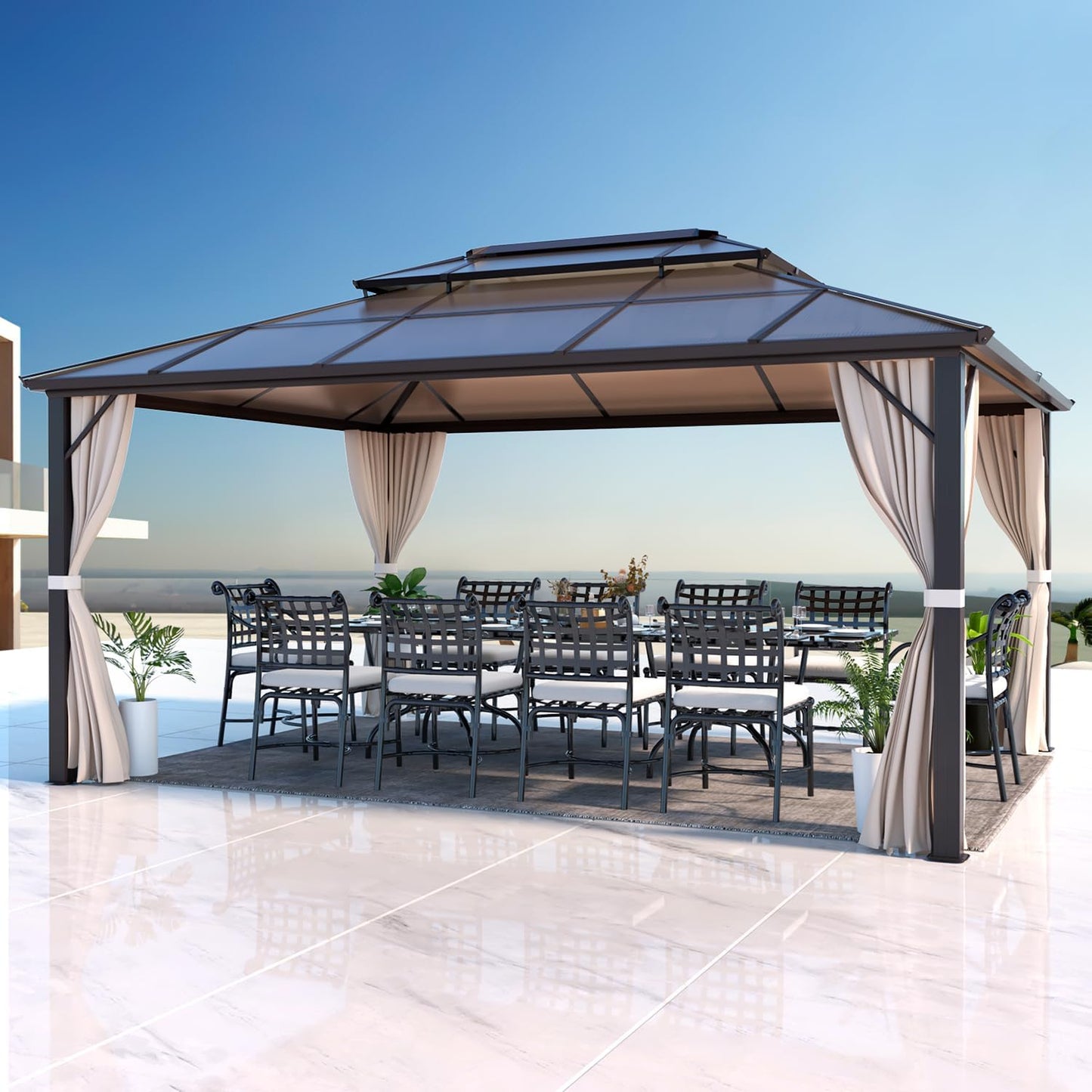 EROMMY 12ftx16ft Gazebo with Polycarbonate Double Roof Design