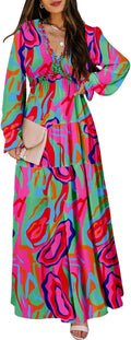 Womens Boho Deep V Neck Maxi Dress - Flowy Floral Comfort