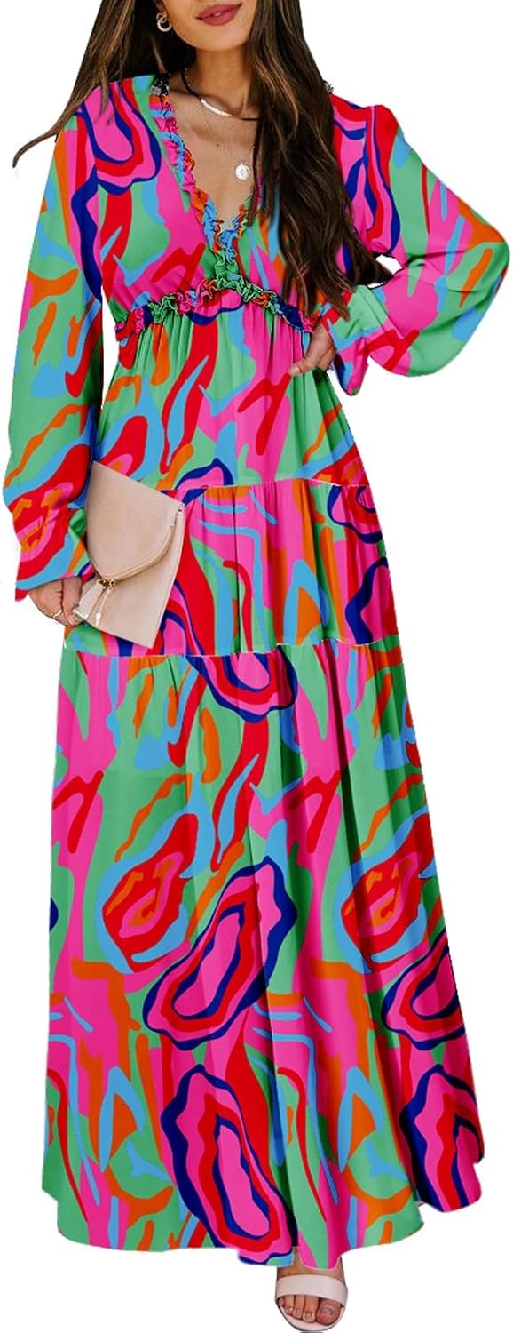 Bohemian Style Womens Casual Deep V Neck Maxi Dress for Summer