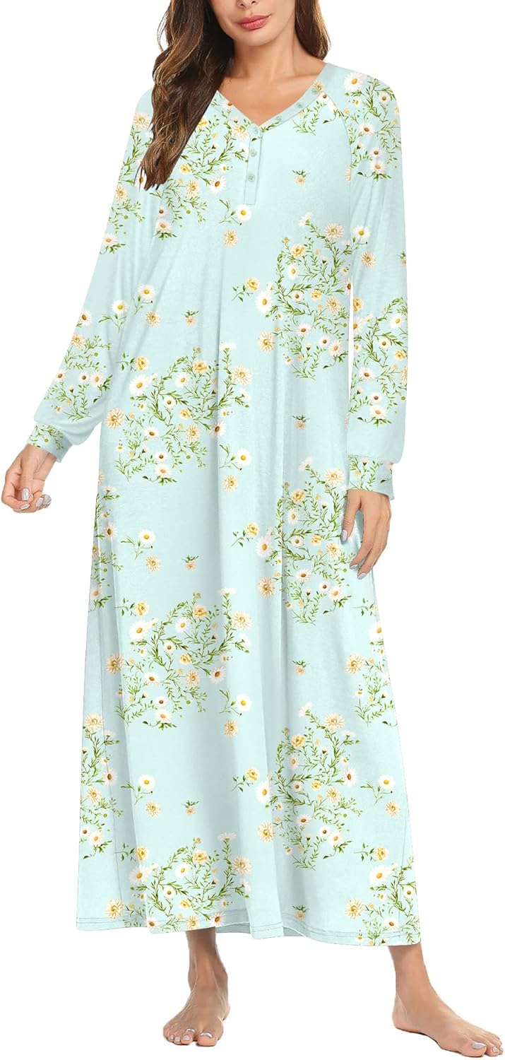 Ekouaer Nightgown Long Sleeve V Neck Loungewear for Women