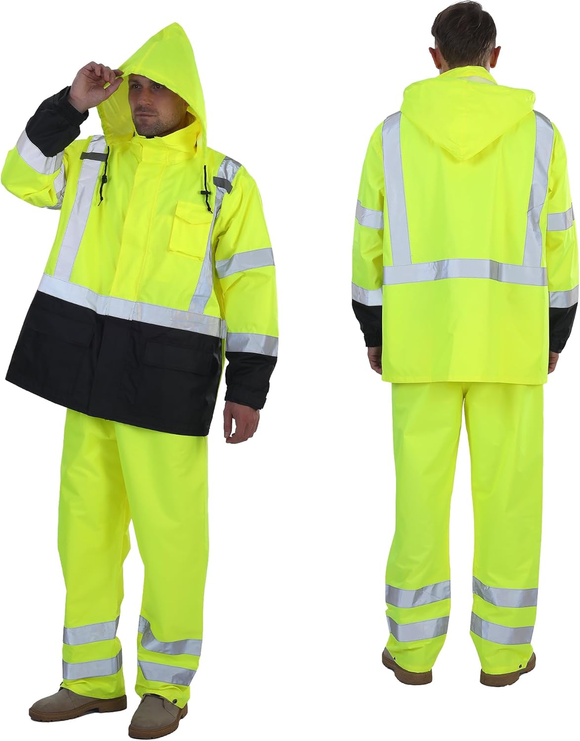 Hi Vis Rain Jacket for Men - Waterproof Rain Gear with Hood