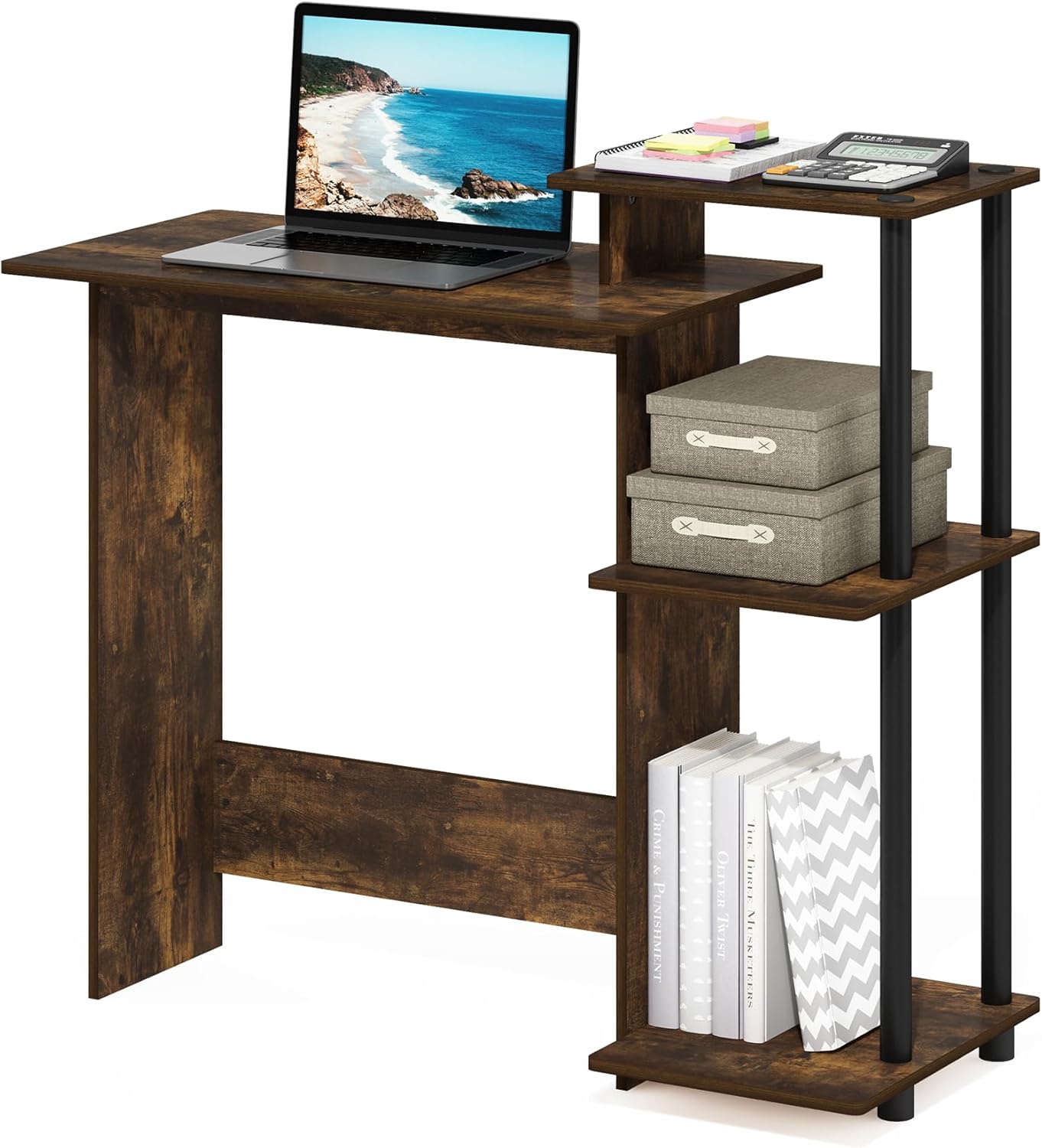 Compact Stylish Gaming Desk with 3 Open Side Shelves for Home