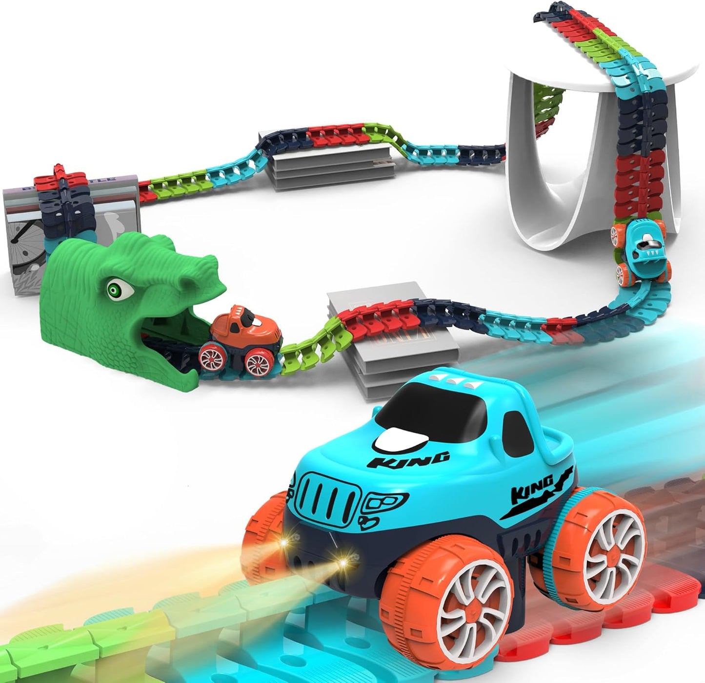 Race Car Track Toy for Kids with LED Light-Up Vehicles