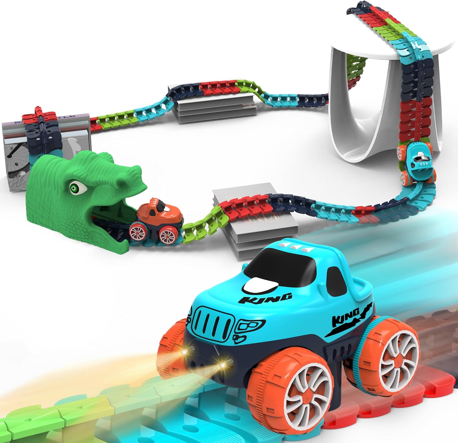 Race Car Track Toy for Kids with LED Light-Up Vehicles