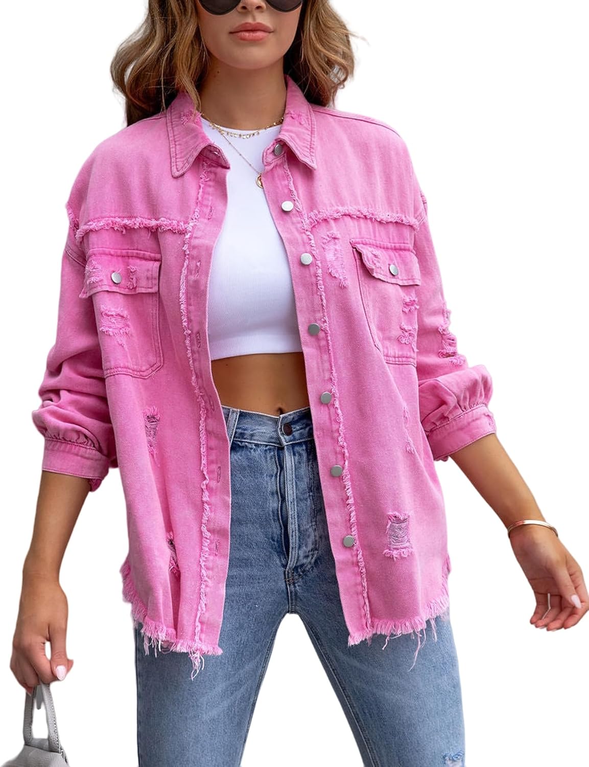 Oversized Ripped Denim Jacket for Women with Frayed Hem Style