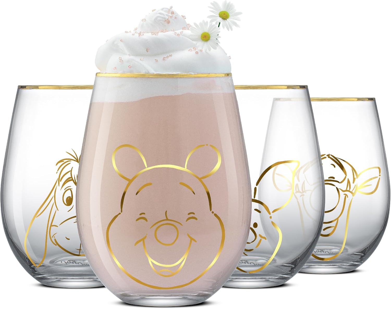 Winnie the Pooh Gold Sketch Stemless Drinking Glasses Set of 4