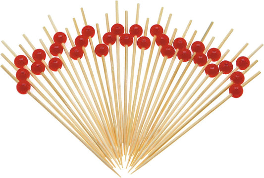 100 Red Pearl Cocktail Picks - Fancy 4.7 Bamboo Skewers