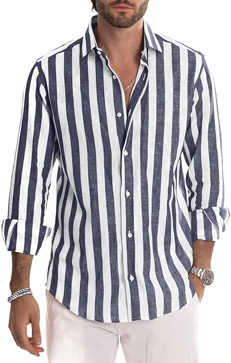 JMIERR Men's Linen Shirts Casual Long Sleeve Button-Down Striped