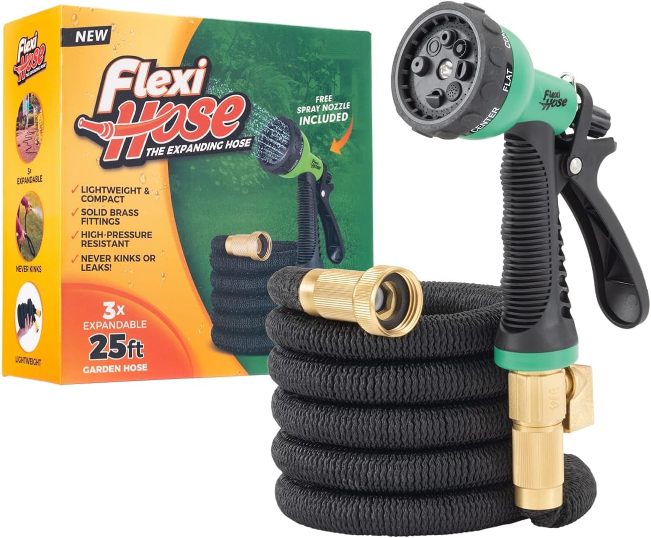 Flexi Hose Expandable Garden Hose with 8 Function Nozzle, 25FT