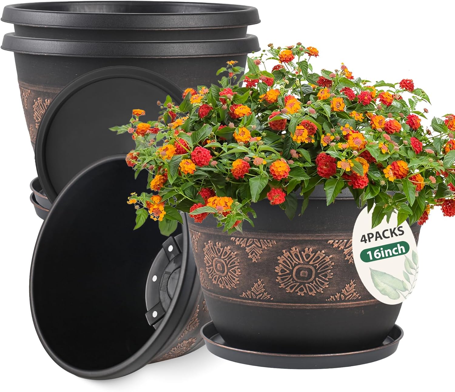 16 Inch Plant Pots with Drainage Holes for Indoor & Outdoor Use