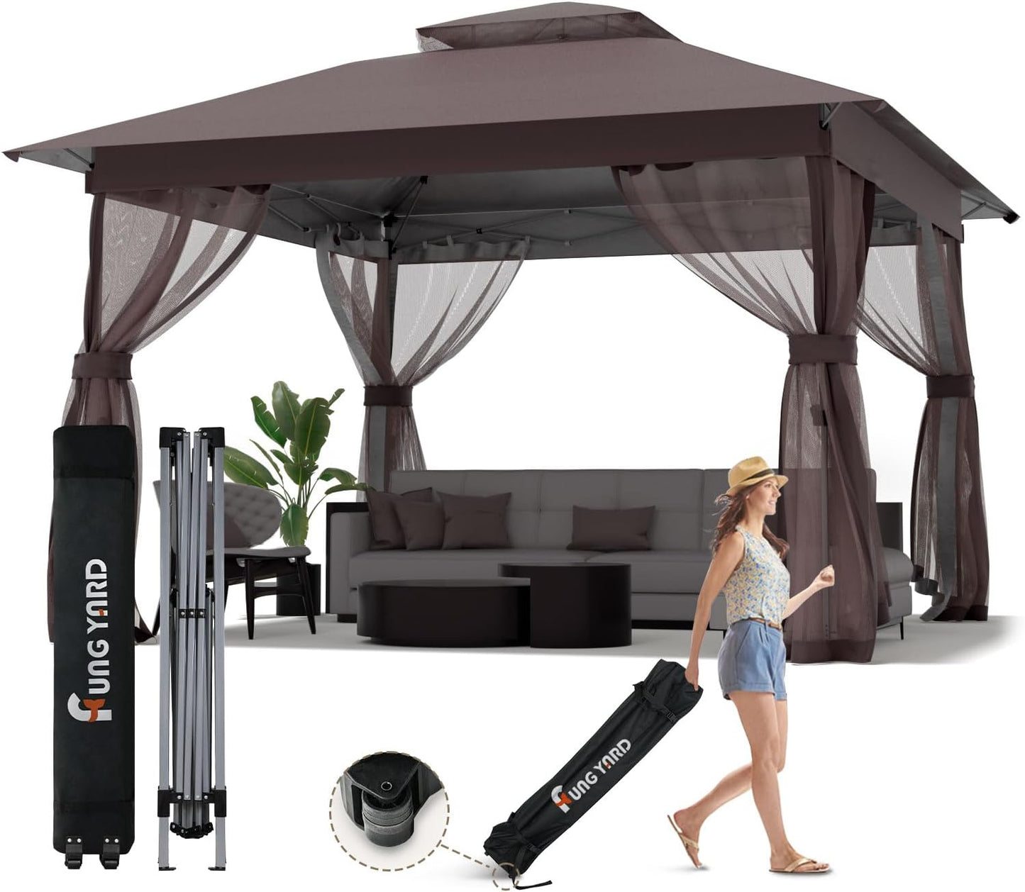 FUNG YARD 11x11 Outdoor Pop Up Gazebo - Instant Shade & Mosquito Protection