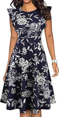 IHOT Women's Vintage Ruffle Floral A Line Swing Dress - With Pockets