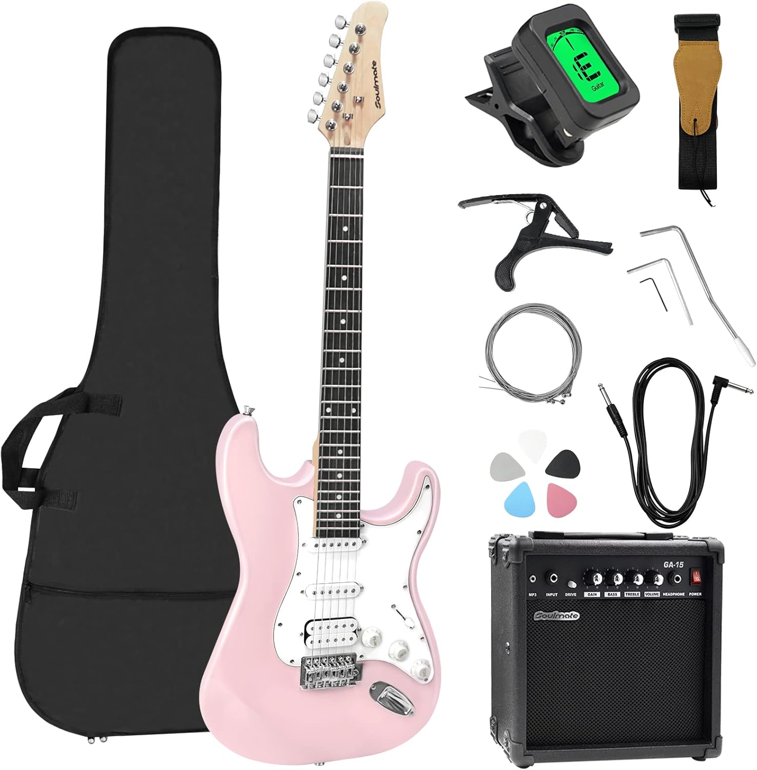 Soulmate 39 Electric Guitar Kit: HSS Pickups, 15W Amp, Accessories!