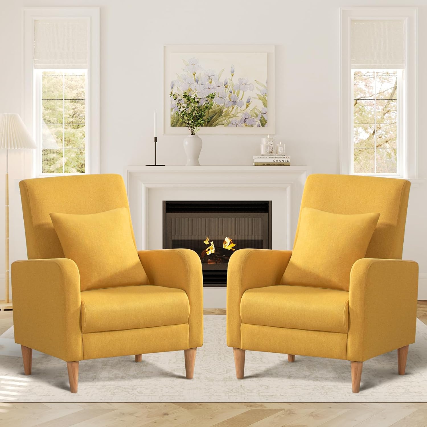 Set of 2 Yellow Arm Chairs with Back Pillow