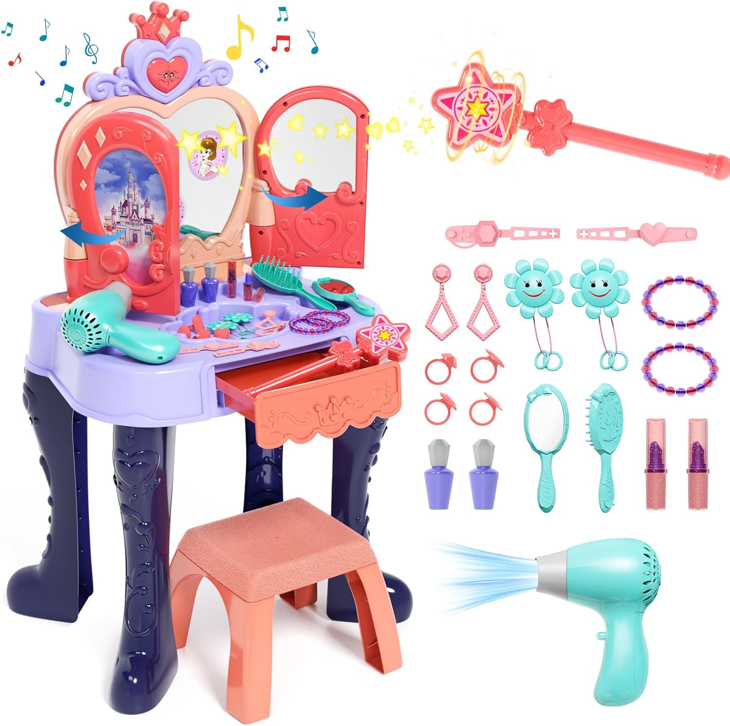 Toddler Vanity Makeup Table with Mirror and Chair for Girls