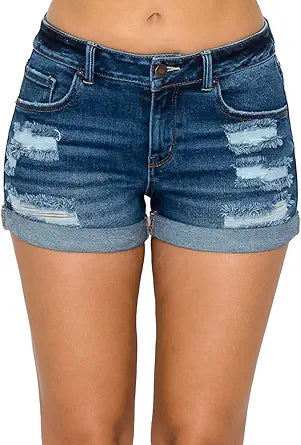 High Waisted Cuffed Distressed Denim Shorts for Trendy Style