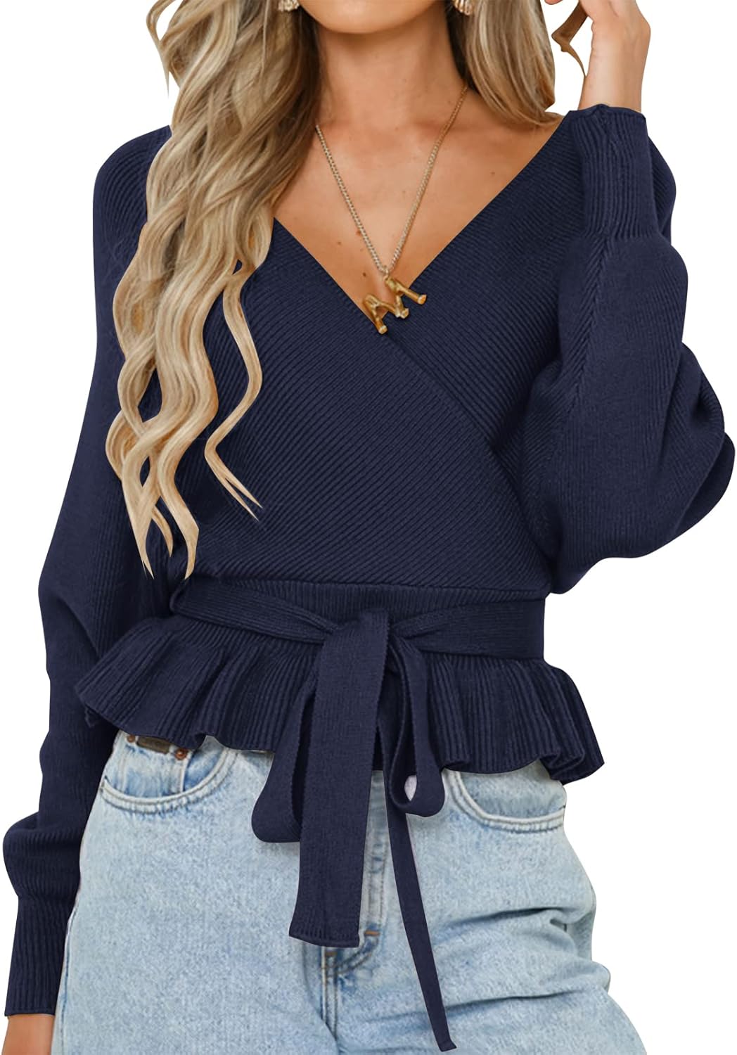 ZESICA Women's Fall Wrap V Neck Long Sleeve Sweater Top
