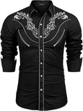 Men's Western Cowboy Shirt Rose Embroidered Slim Fit Cotton