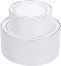 White and Silver Disposable Plastic Plates Set 102 pcs - Elegant Party