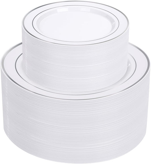 Supernal 102pcs White and Silver Plastic Plates for Parties