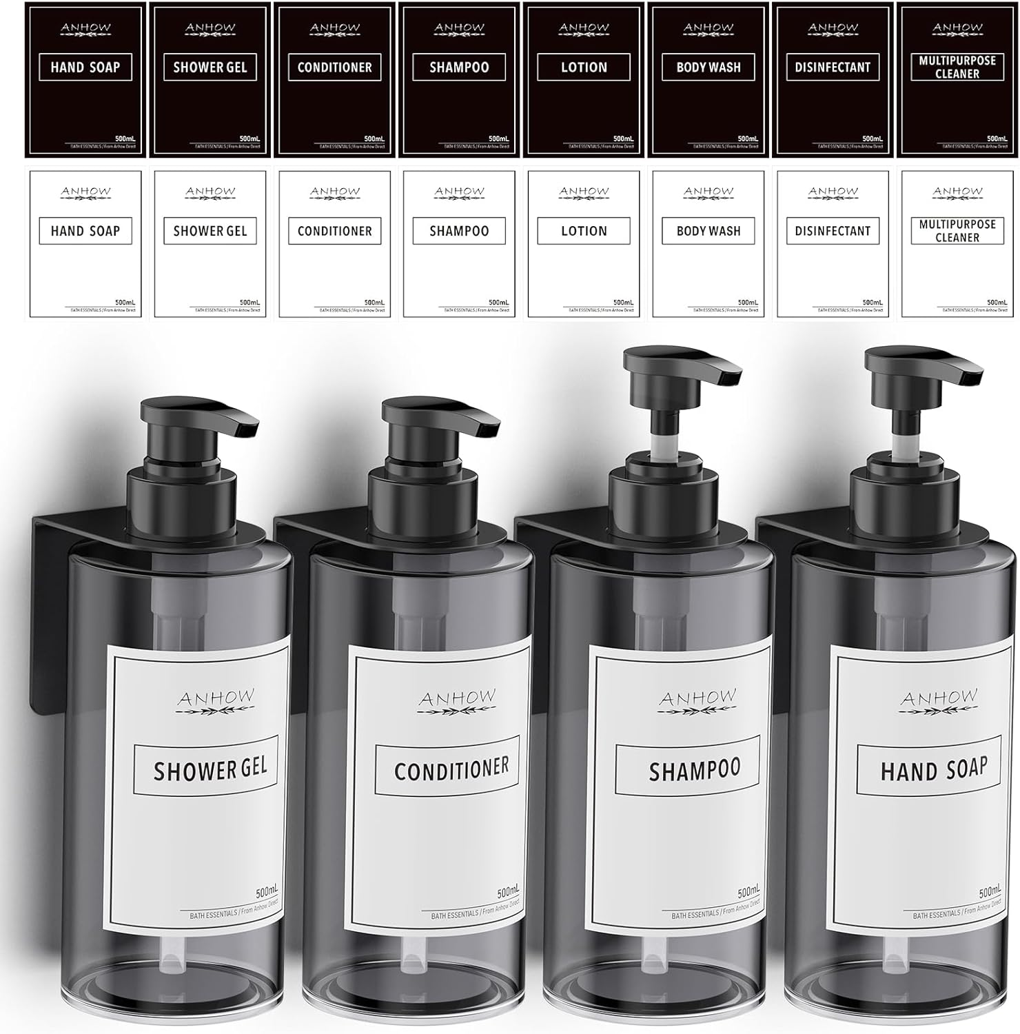 Anhow 4-Pack Refillable Dispensers - No Drill!