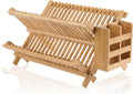 Bamboo Dish Drying Rack 2 Tier Collapsible - Space Saving Plate Holder