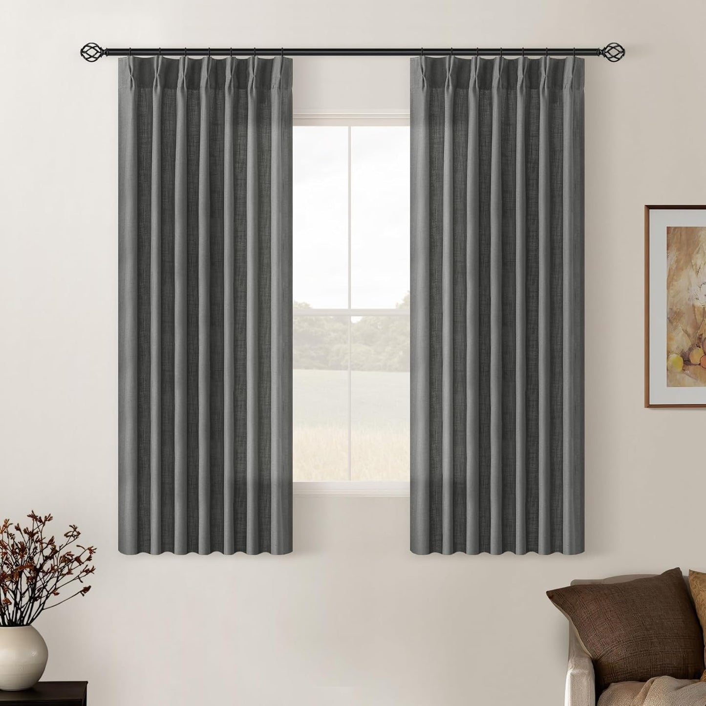 Charcoal Grey Pinch Pleated Linen Cafe Curtains for Home Decor