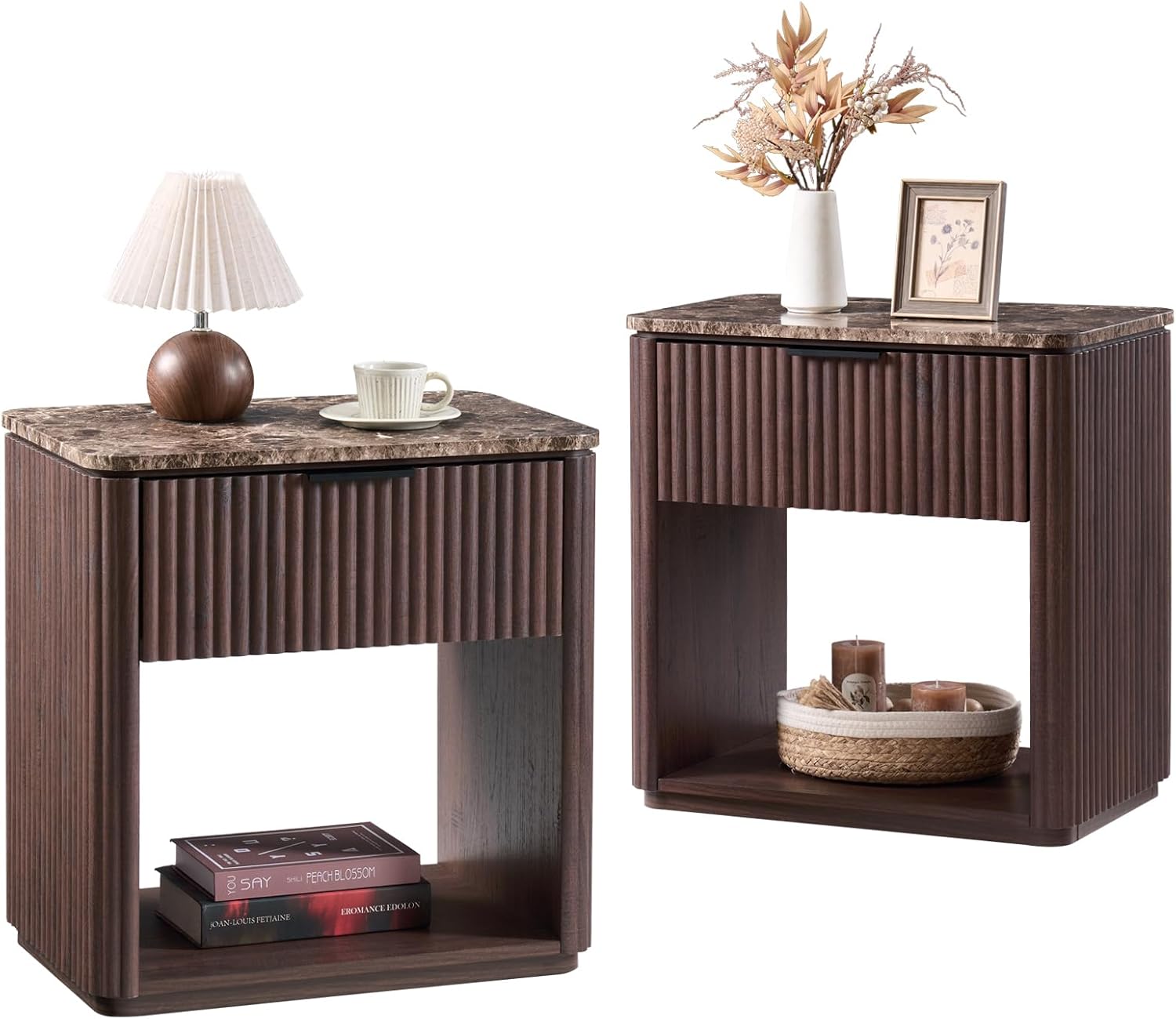 Fluted Nightstand Set of 2 with Faux Marble-Top for Modern Spaces