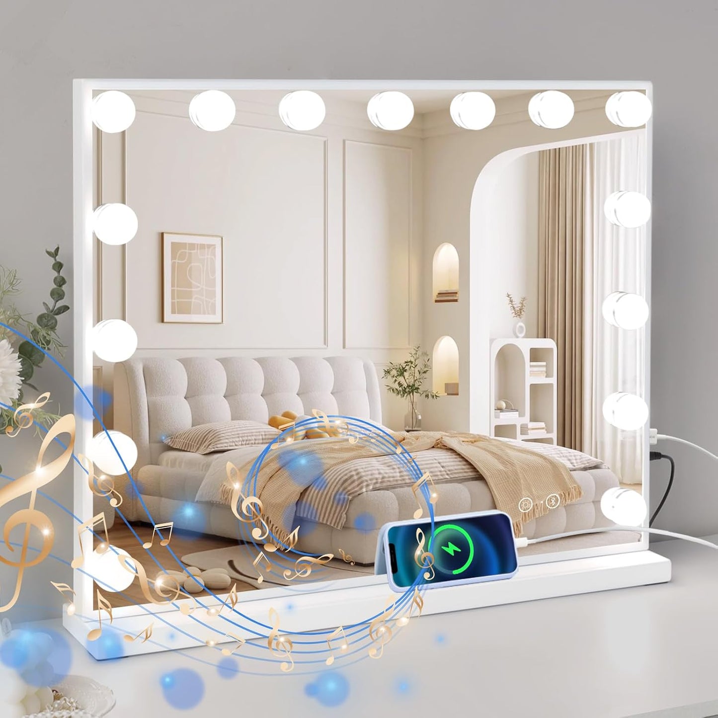 Leishe Hollywood Vanity Mirror - 15 LED Bulbs, Smart Touch Control & Speaker