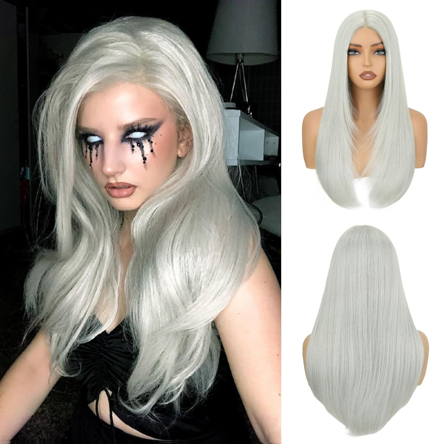 Grey Long Straight Layered Synthetic Glueless Wigs for Cosplay