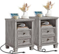 Farmhouse Nightstand Set of 2 with Charging Station - Rustic Grey