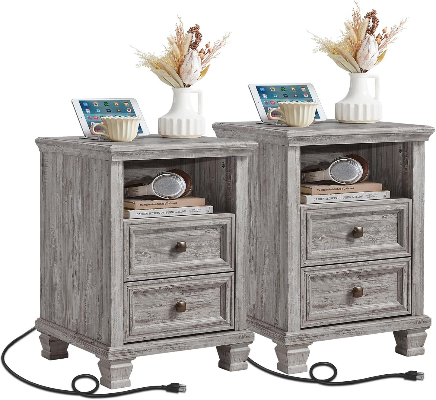 Farmhouse Nightstand Set of 2 with Charging Station for Bedroom