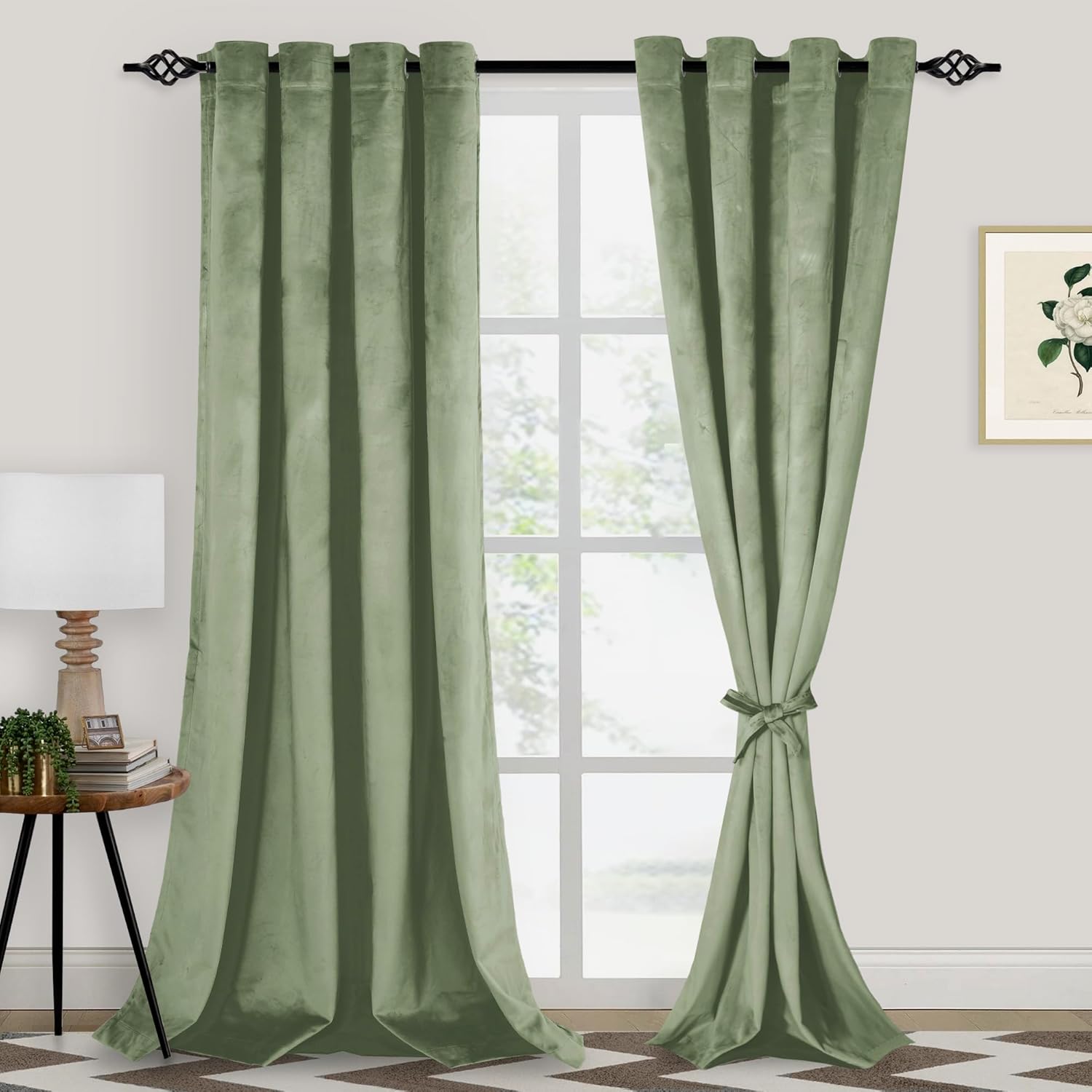 Set of 2 Sage Green Velvet Blackout Curtains 108