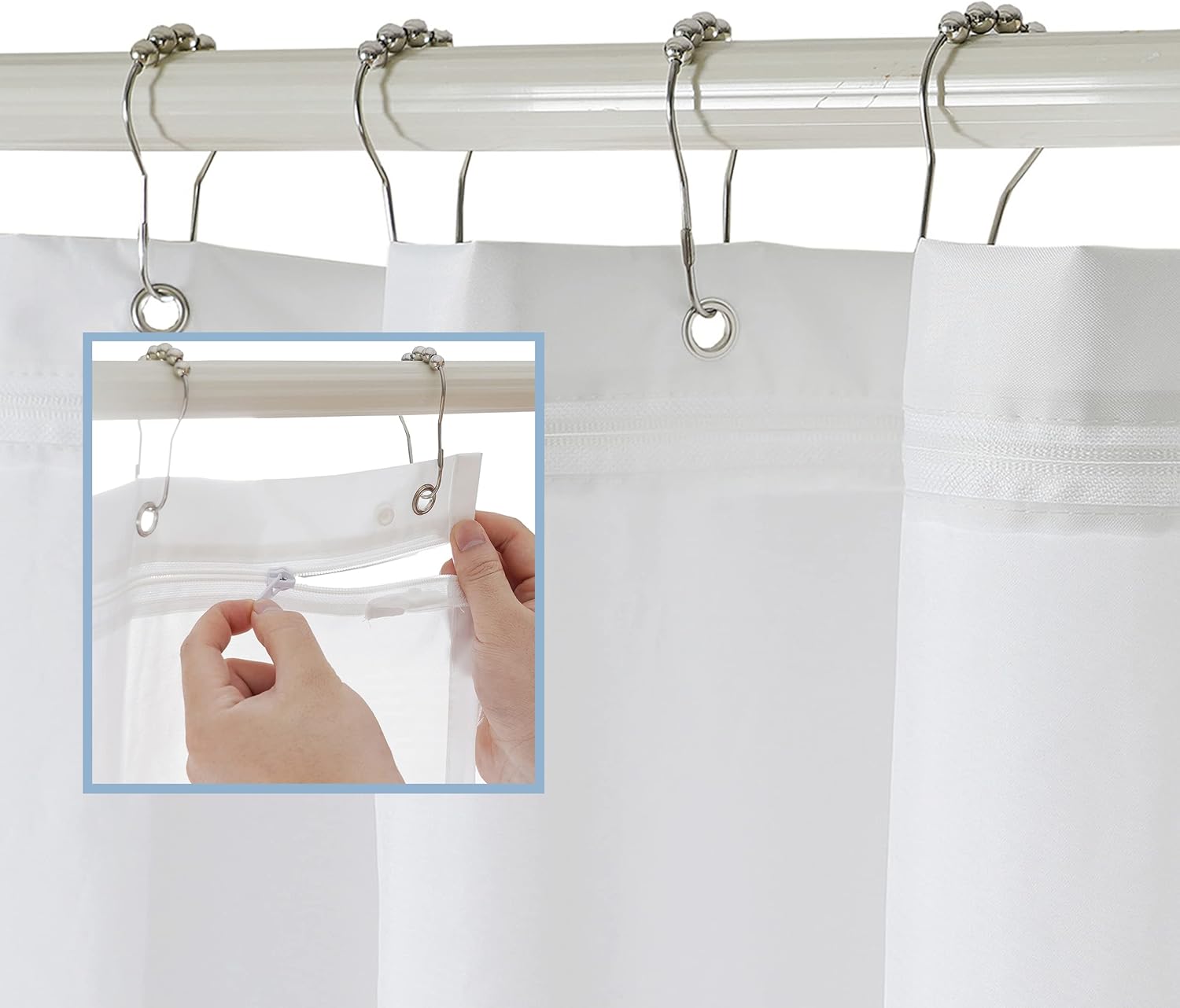 Waterproof White Shower Liner, Zipper Closure, Easy Clean